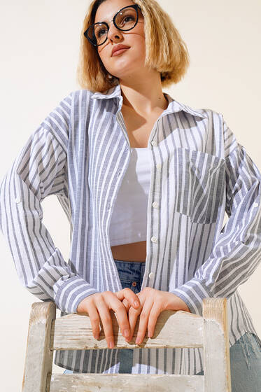 İnce Çizgili Salaş Gömlek Gri - Yeni Giyim