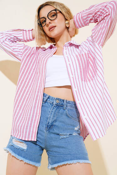 İnce Çizgili Salaş Gömlek Kırmızı - Yeni Giyim