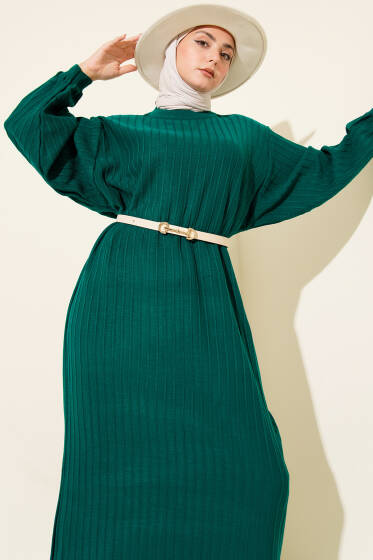 İnce Çizgili Salaş Triko Elbise Zümrüt - Elbise