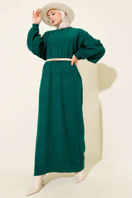 İnce Çizgili Salaş Triko Elbise Zümrüt - Elbise