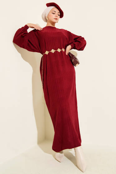 İnce Çizgili Salaş Triko Elbise Bordo - Elbise