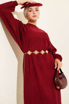 İnce Çizgili Salaş Triko Elbise Bordo - Elbise