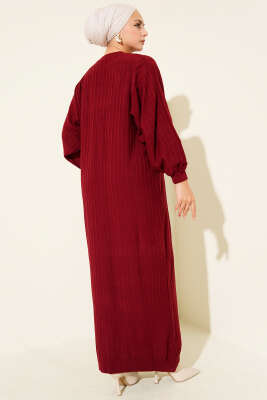 İnce Çizgili Salaş Triko Elbise Bordo - Elbise