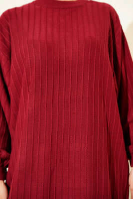 İnce Çizgili Salaş Triko Elbise Bordo - Elbise