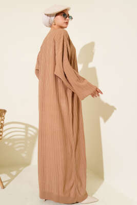 İnce Çizgili Salaş Triko Elbise Camel - Elbise