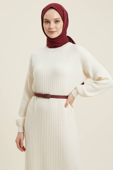 İnce Çizgili Salaş Triko Elbise Ekru - Elbise