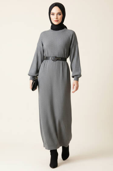 İnce Çizgili Salaş Triko Elbise Füme - Elbise