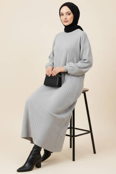 İnce Çizgili Salaş Triko Elbise Gri - Elbise