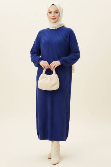 İnce Çizgili Salaş Triko Elbise Lacivert - Elbise