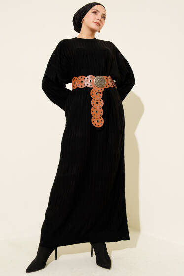 İnce Çizgili Salaş Triko Elbise Siyah - Elbise