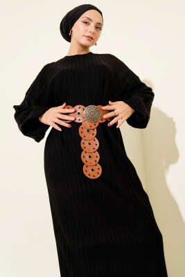 İnce Çizgili Salaş Triko Elbise Siyah - Elbise