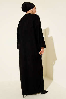 İnce Çizgili Salaş Triko Elbise Siyah - Elbise