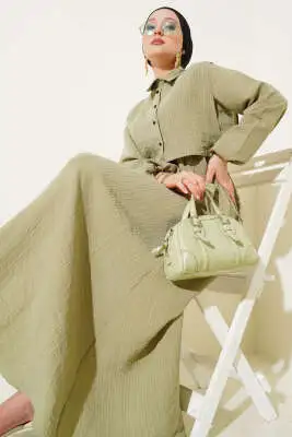 İnce Çizgili Tensel Elbise Çağla Yeşili 