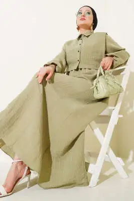 İnce Çizgili Tensel Elbise Çağla Yeşili - Tesettür Elbise