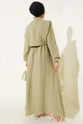 İnce Çizgili Tensel Elbise Çağla Yeşili - Tesettür Elbise