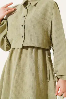 İnce Çizgili Tensel Elbise Çağla Yeşili - Tesettür Elbise