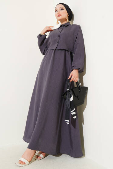 İnce Çizgili Tensel Elbise Füme - Elbise