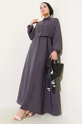 İnce Çizgili Tensel Elbise Füme 