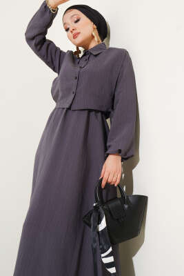 İnce Çizgili Tensel Elbise Füme - Tesettür Elbise