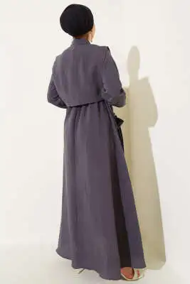 İnce Çizgili Tensel Elbise Füme - Tesettür Elbise