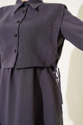 İnce Çizgili Tensel Elbise Füme - Tesettür Elbise