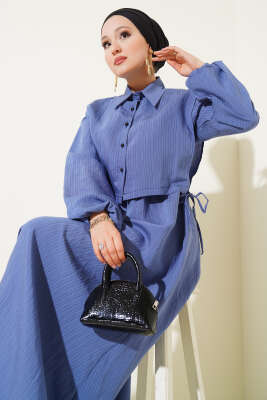 İnce Çizgili Tensel Elbise Indıgo - Tesettür Elbise