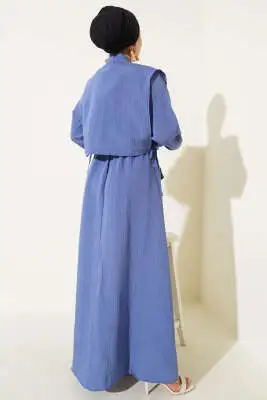 İnce Çizgili Tensel Elbise Indıgo - Tesettür Elbise