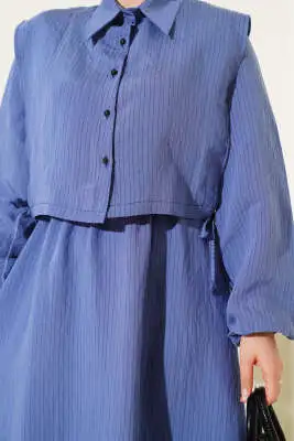 İnce Çizgili Tensel Elbise Indıgo - Tesettür Elbise