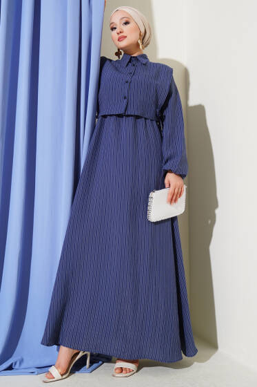İnce Çizgili Tensel Elbise Lacivert - Elbise