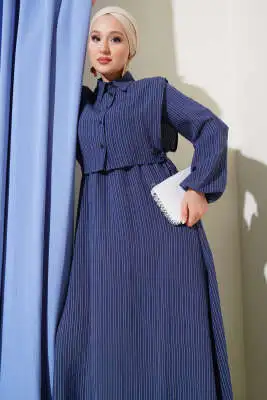 İnce Çizgili Tensel Elbise Lacivert - Tesettür Elbise