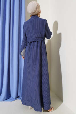 İnce Çizgili Tensel Elbise Lacivert - Tesettür Elbise