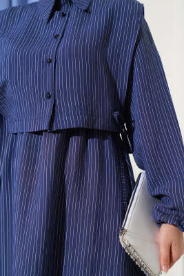 İnce Çizgili Tensel Elbise Lacivert - Tesettür Elbise