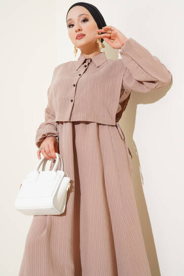 İnce Çizgili Tensel Elbise Latte - Elbise