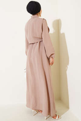 İnce Çizgili Tensel Elbise Latte - Tesettür Elbise