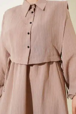 İnce Çizgili Tensel Elbise Latte - Tesettür Elbise