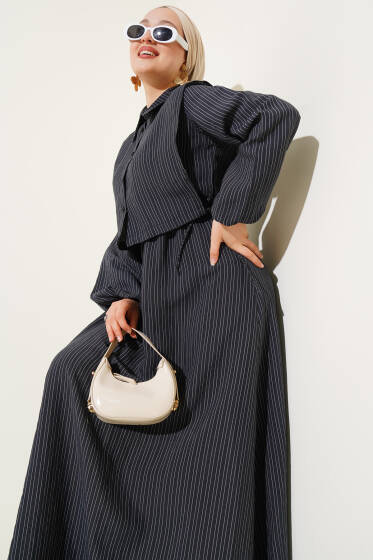 İnce Çizgili Tensel Elbise Siyah - Elbise