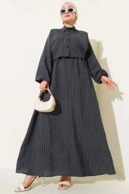 İnce Çizgili Tensel Elbise Siyah - Tesettür Elbise