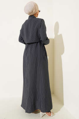 İnce Çizgili Tensel Elbise Siyah - Tesettür Elbise