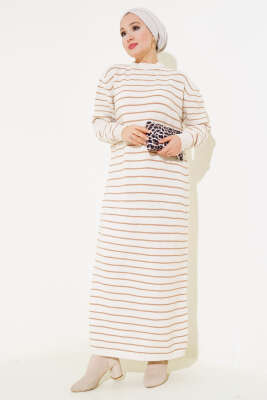 İnce Çizgili Triko Elbise Bej 