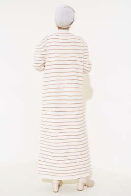 İnce Çizgili Triko Elbise Bej - Tesettür Elbise