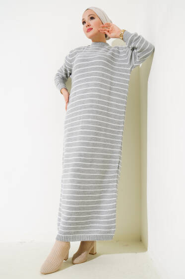İnce Çizgili Triko Elbise Gri - Elbise