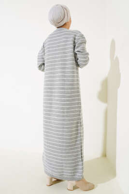 İnce Çizgili Triko Elbise Gri - Tesettür Elbise