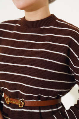 İnce Çizgili Triko Elbise Kahve - Tesettür Elbise