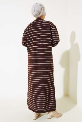 İnce Çizgili Triko Elbise Kahve - Tesettür Elbise