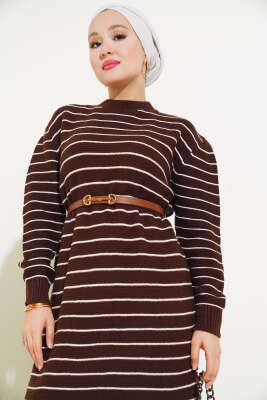 İnce Çizgili Triko Elbise Kahve - Tesettür Elbise