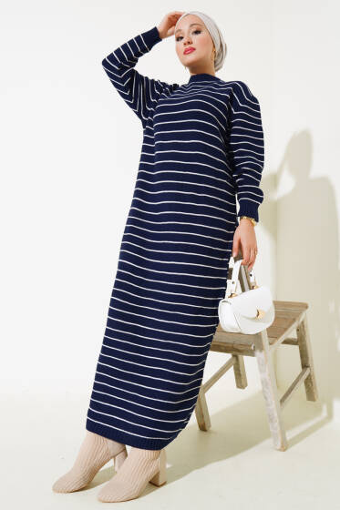 İnce Çizgili Triko Elbise Lacivert - Elbise