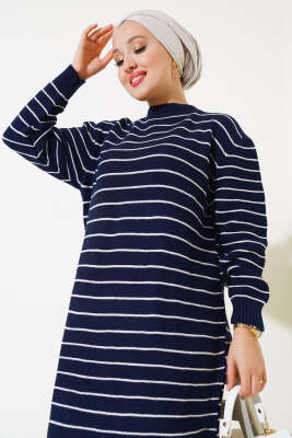 İnce Çizgili Triko Elbise Lacivert - Tesettür Elbise