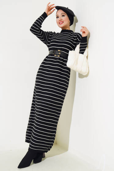 İnce Çizgili Triko Elbise Siyah - Elbise