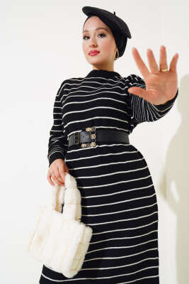 İnce Çizgili Triko Elbise Siyah - Tesettür Elbise