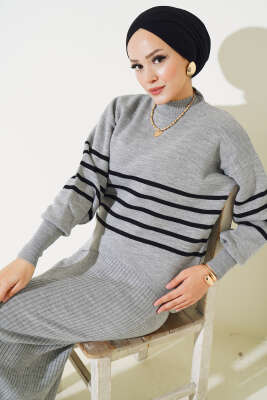 İnce Çizgili Triko Jileli İkili Takım Gri - Triko İkili Takım